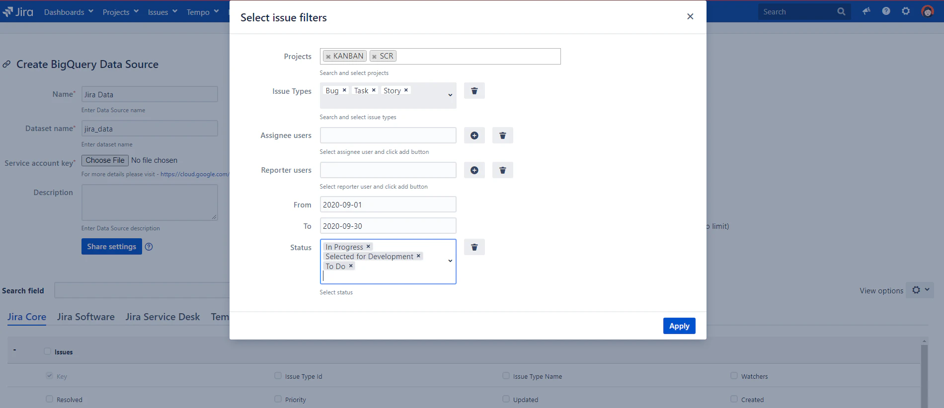 screenshot of BigQuery Connector for Jira